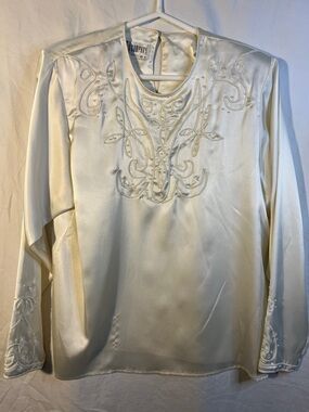 SK & Company Embroidered Satin Cream Blouse with pearl accents 12